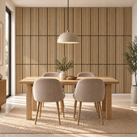 Panneau acoustique mural compact en chêne naturel – dans une salle à manger, mur complet