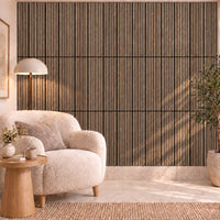 Panneau acoustique mural compact en noyer – dans un salon, mur complet