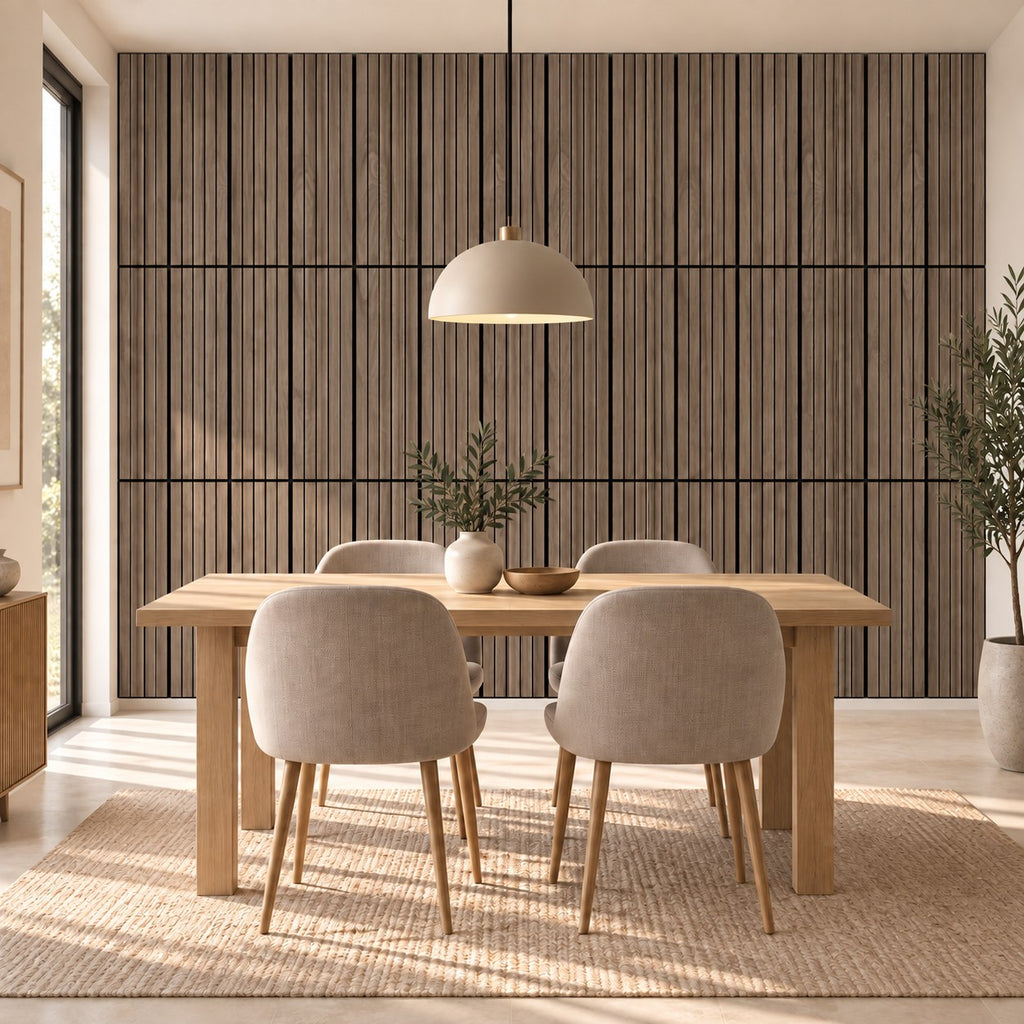 Panneau acoustique mural compact en noyer – dans une salle à manger, mur complet