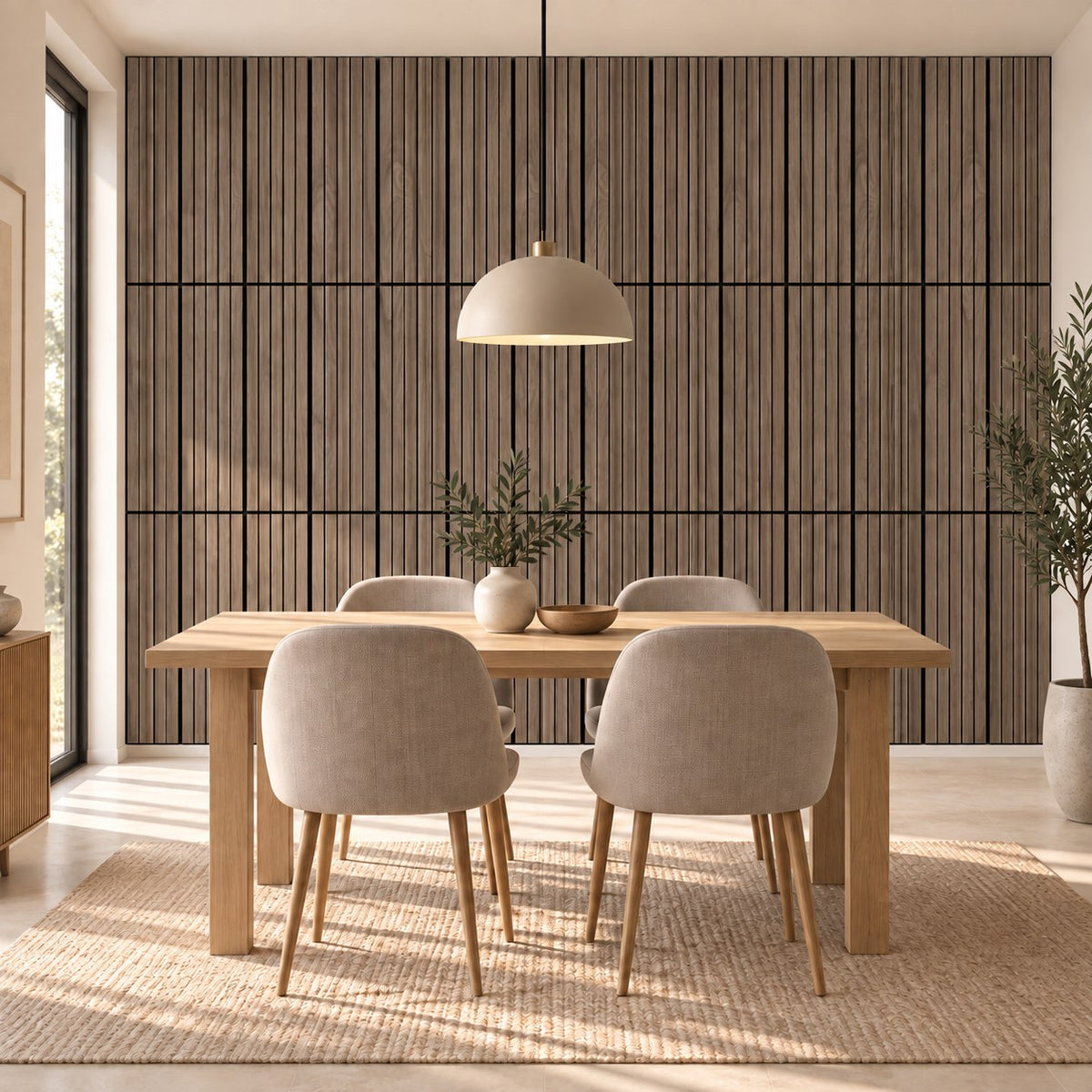 Panneau acoustique mural compact en noyer – dans une salle à manger, mur complet