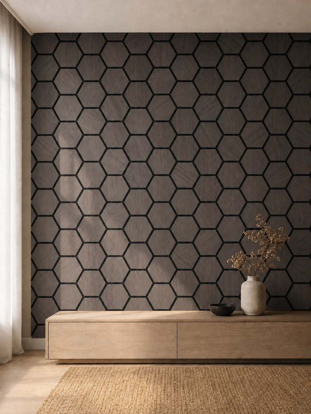 Panneau acoustique mural hexagonal finition chêne fumé dans un intérieur contemporain