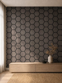 Panneau acoustique mural hexagonal finition chêne fumé dans un intérieur contemporain