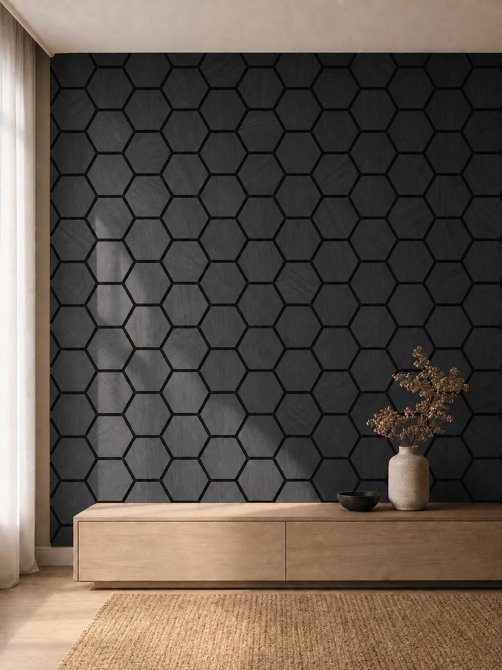 Panneau acoustique mural hexagonal finition frêne noir dans un intérieur contemporain