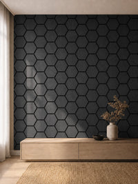 Panneau acoustique mural hexagonal finition frêne noir dans un intérieur contemporain