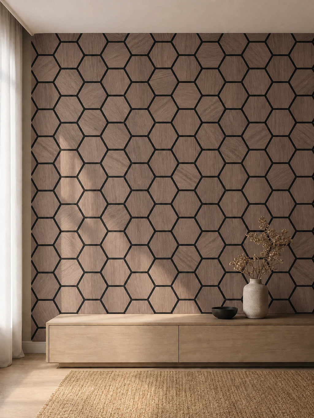 Panneau acoustique mural hexagonal finition noyer dans un intérieur contemporain