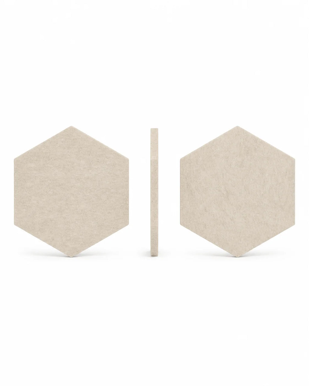 Vues de face, profil et dos du panneau acoustique hexagonal en feutre PET écru