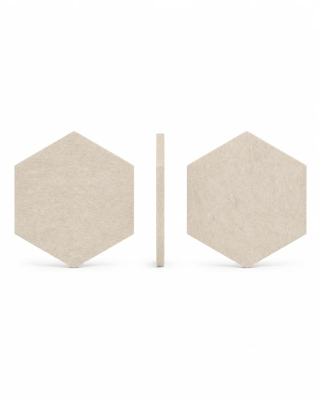 Vues de face, profil et dos du panneau acoustique hexagonal en feutre PET écru