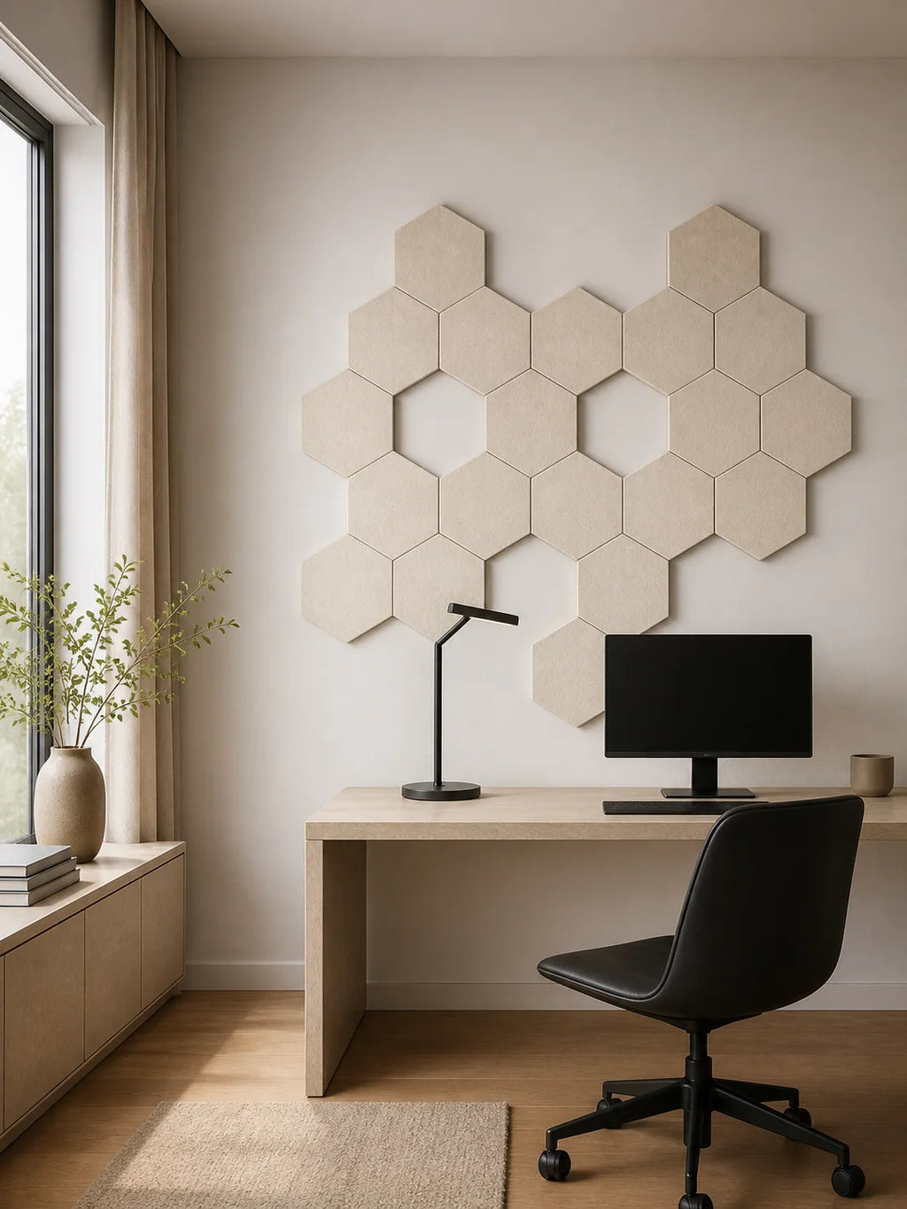Panneaux acoustiques hexagonaux en feutre PET écru dans un bureau contemporain