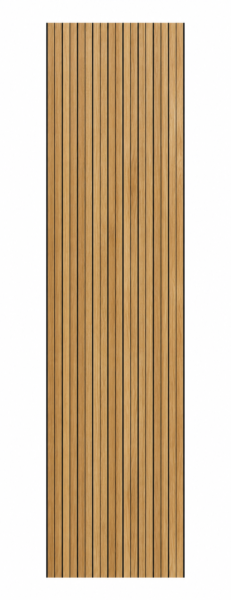 Vorderansicht des PREMIUM Akustikpaneels mit eng gesetzten Lamellen, Oberfläche Eiche Natur, Format 240 × 60 cm