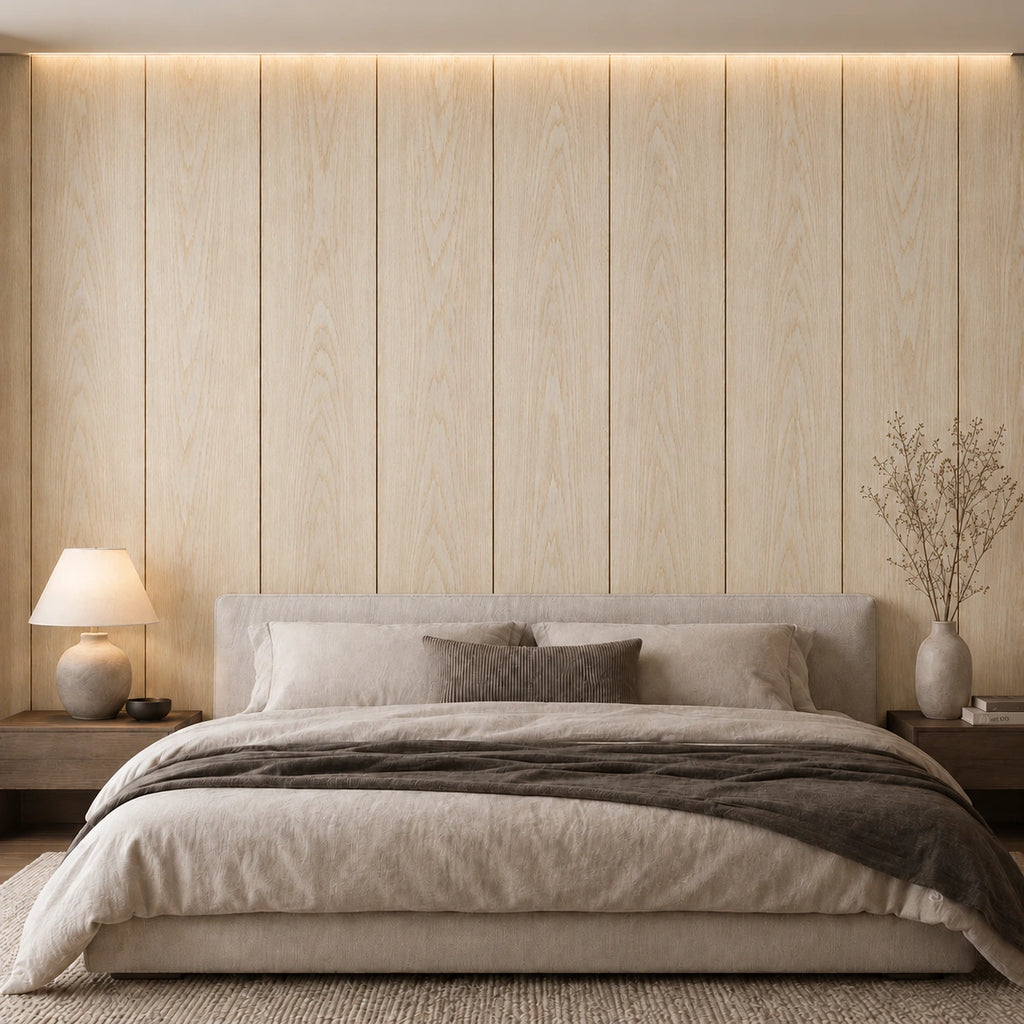Panneaux muraux décoratifs Chêne américain non verni derrière une tête de lit