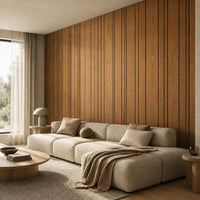 Panneau mural bois à rayures finition Chêne bronze dans un salon contemporain