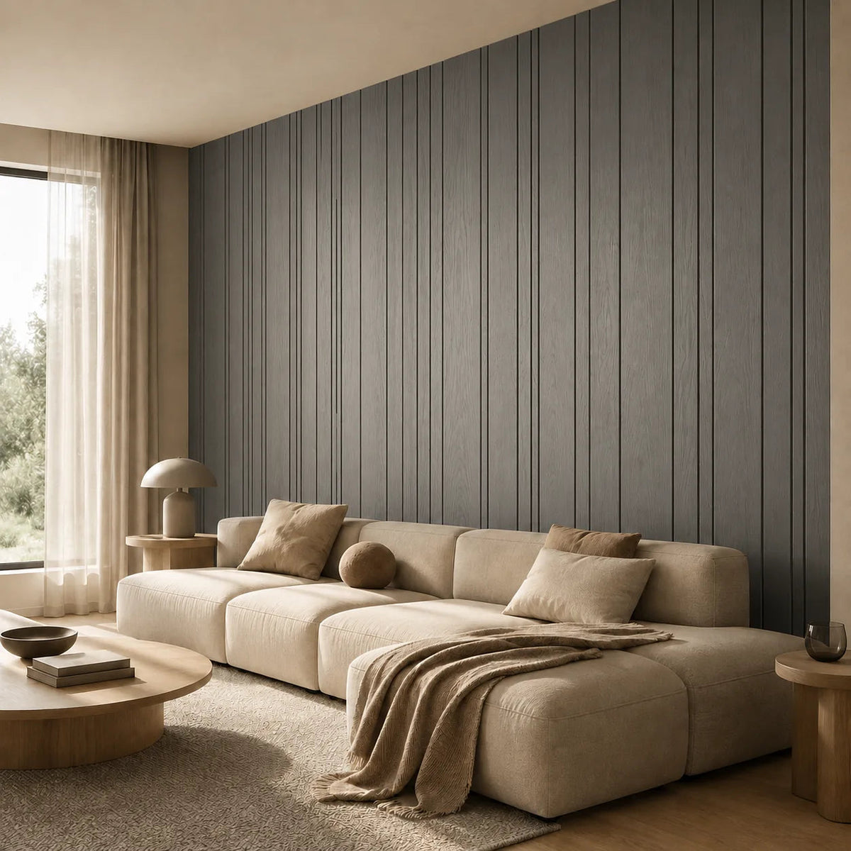 Panneau mural bois à rayures finition Chêne gris foncé dans un salon contemporain
