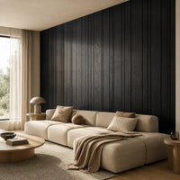 Panneau mural bois à rayures finition Frêne noir dans un salon contemporain