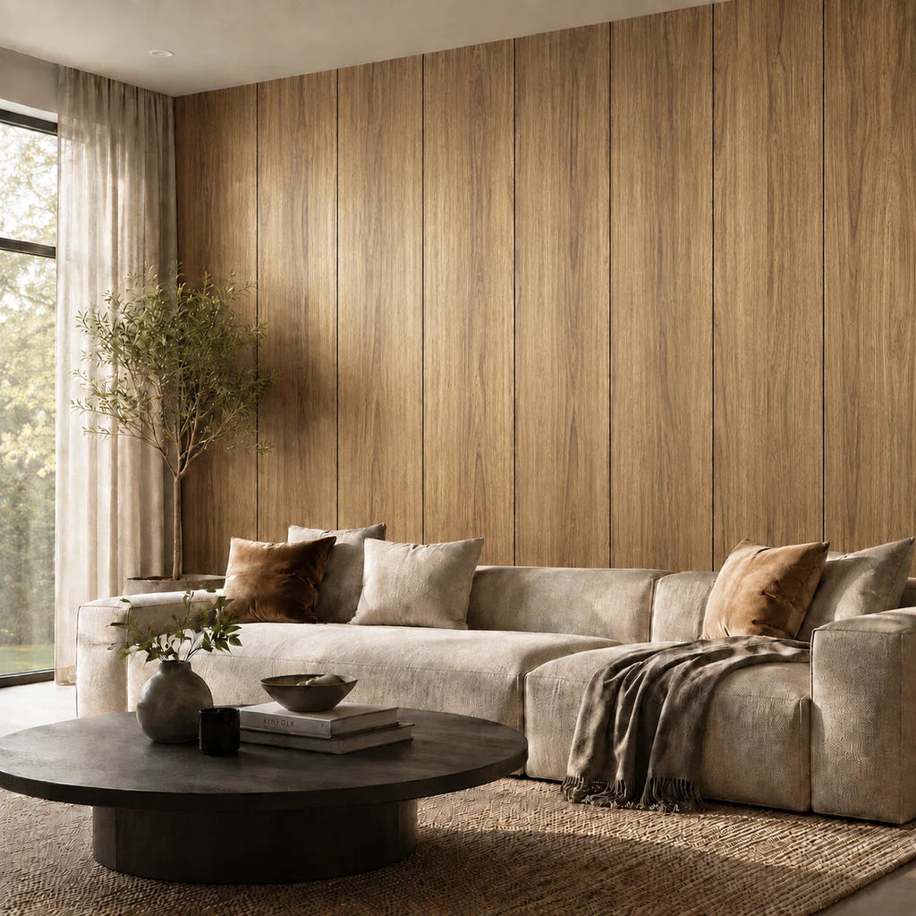 Panneau mural décoratif en bois finition chêne bronze dans un salon contemporain