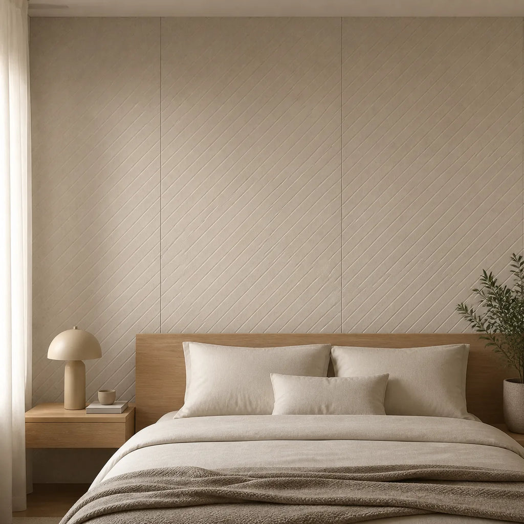 Panneau mural en feutre PET – Diagonal couleur Écru dans un intérieur contemporain