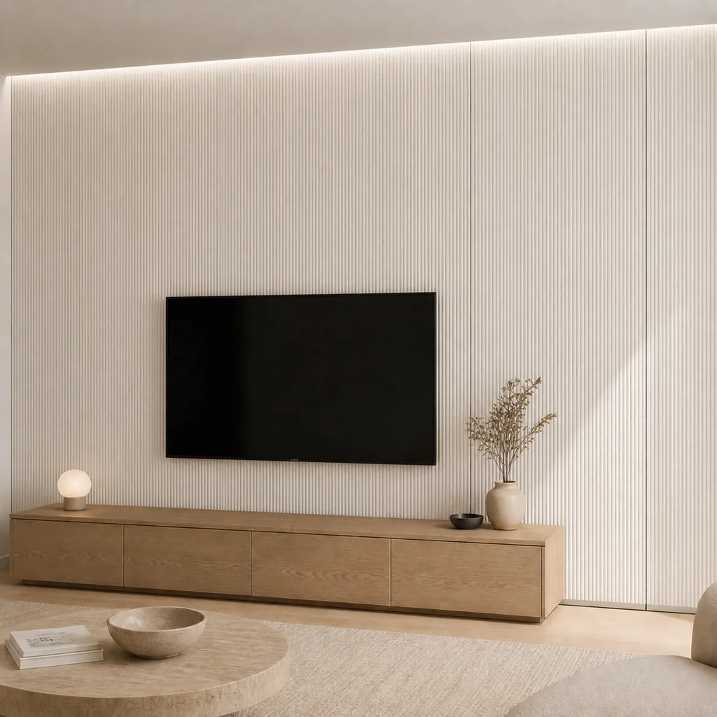 Panneau mural en feutre PET – Micro-rainures couleur Écru dans un intérieur contemporain