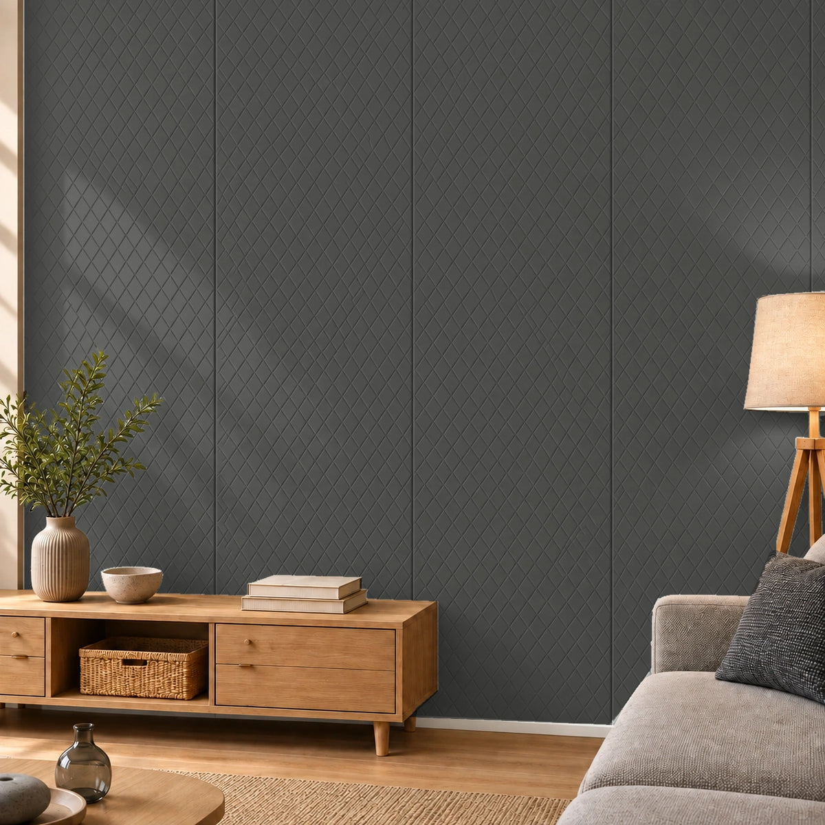 Panneau mural en feutre PET – Petits losanges — Graphite — ambiance