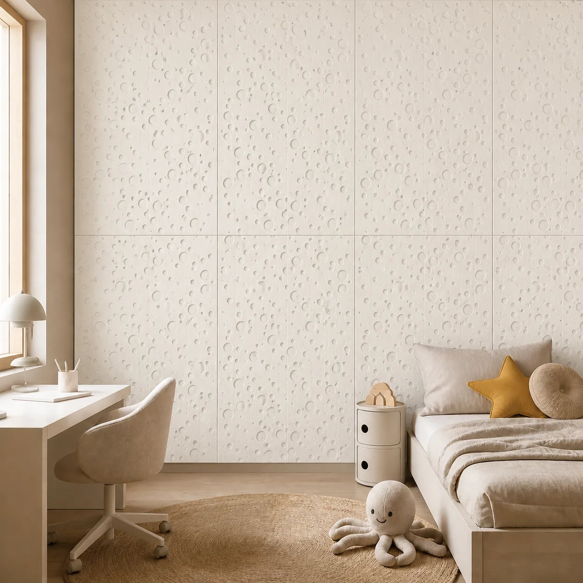 Panneau mural en feutre PET – Motif pois couleur Écru dans un intérieur contemporain