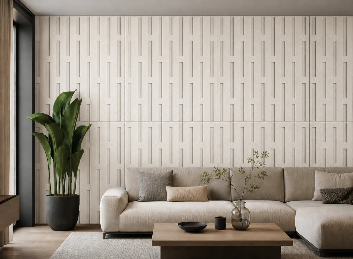 Panneau mural en feutre PET – Rayures couleur Écru dans un intérieur contemporain