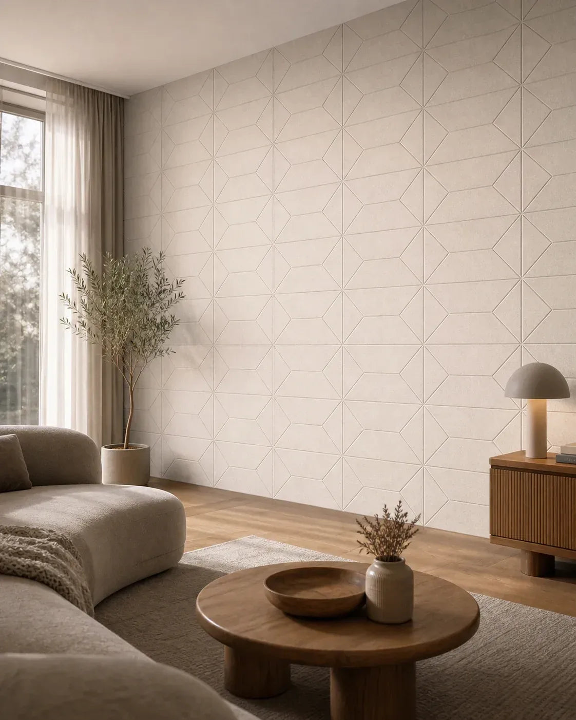 Panneau mural en feutre PET – Motif Shift couleur Écru dans un intérieur contemporain