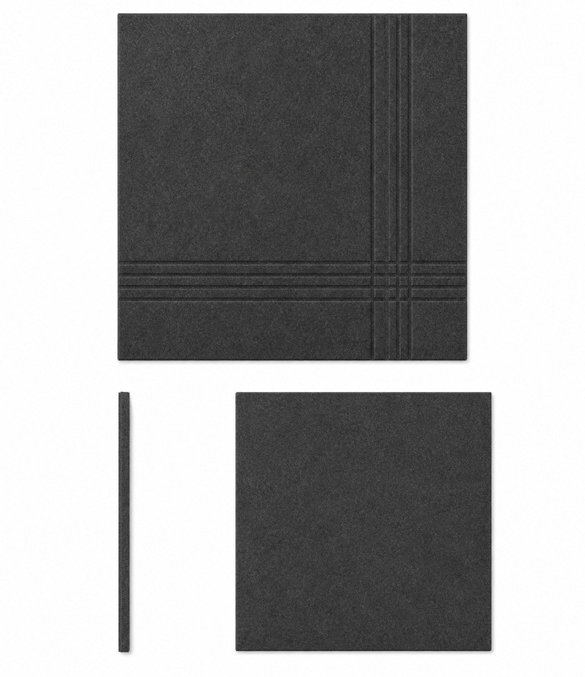 Panneau mural en feutre PET motif tartan présenté de face, de profil 9 mm et de dos