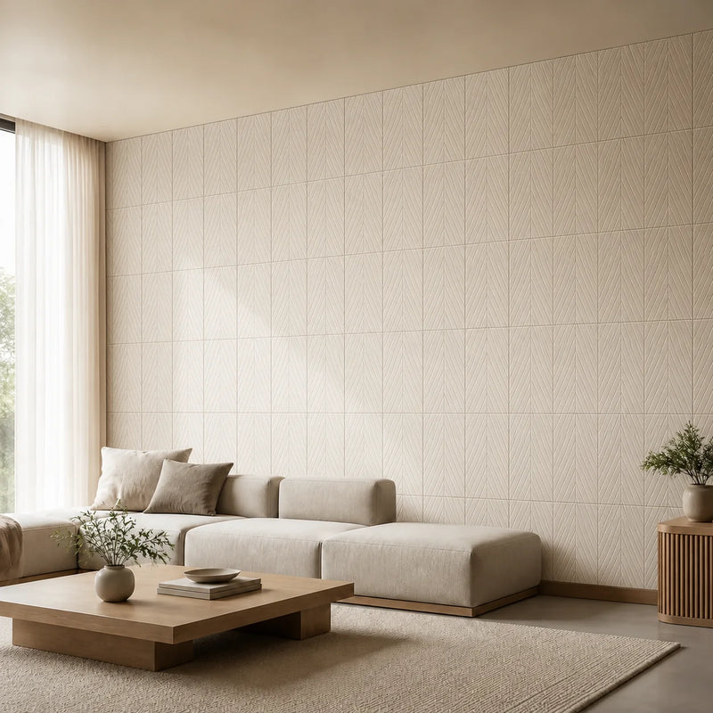 Panneau mural en feutre PET motif V-Line écru dans un salon contemporain