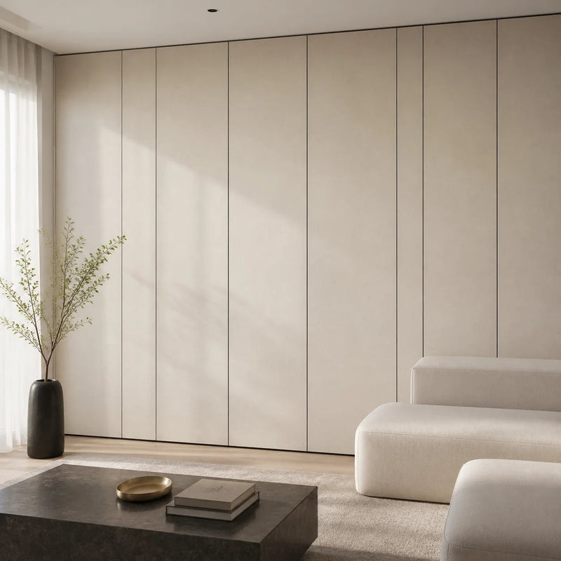 Panneau mural décoratif en tissu beige dans un salon contemporain