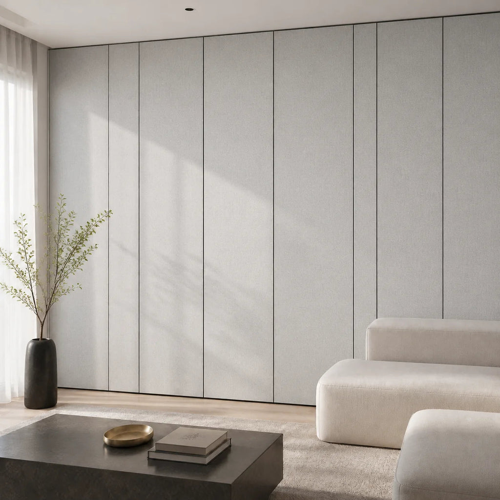 Panneau mural décoratif en tissu gris clair dans un salon contemporain
