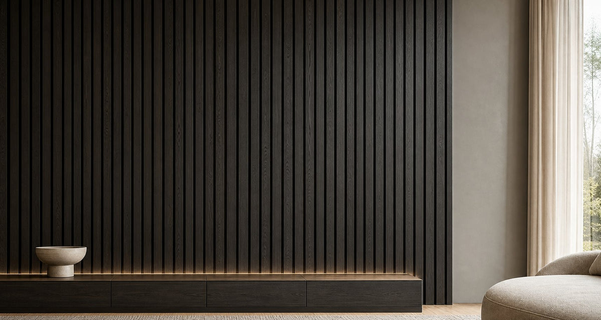 Mur décoratif à panneaux de lattes verticales en bois noir mat dans un salon contemporain