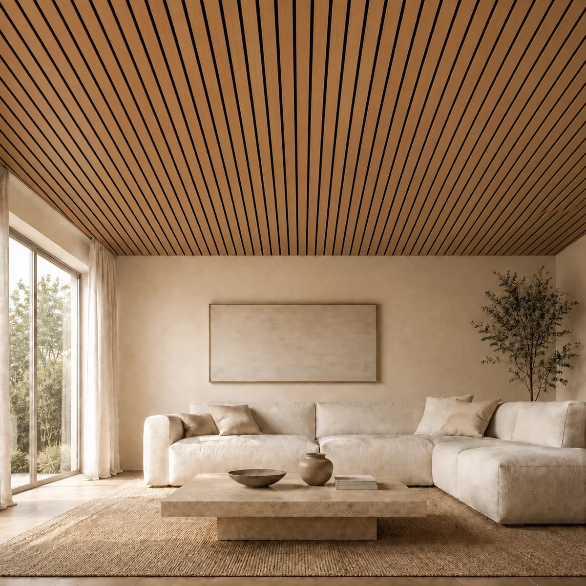 Panneau acoustique Wide à tasseaux de 50 mm au plafond, finition Chêne naturel