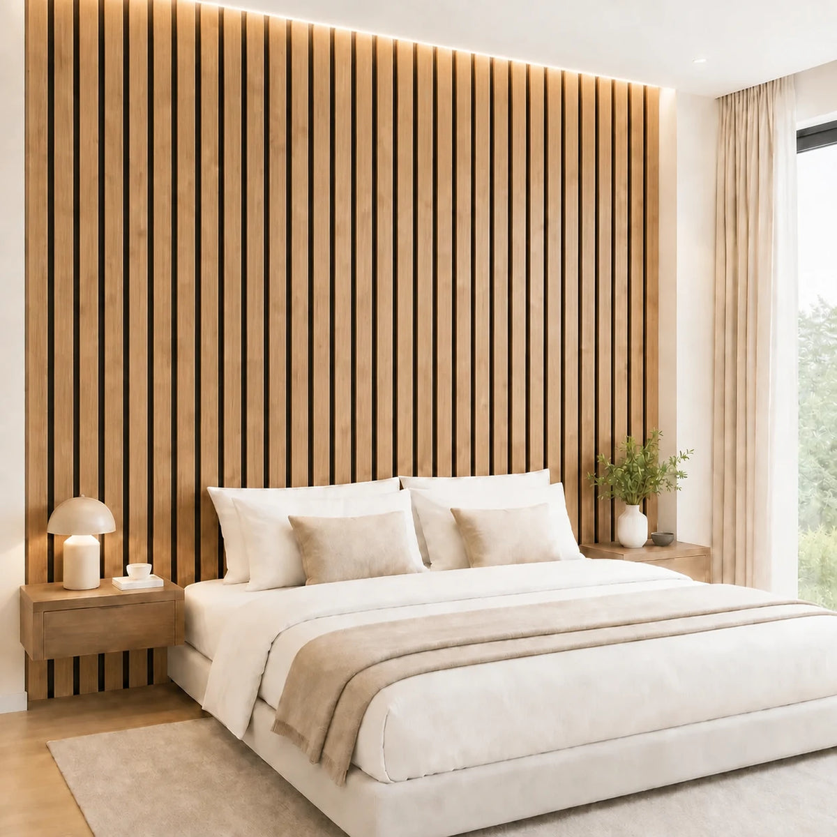 Panneau acoustique à larges tasseaux 50 mm, finition Chêne naturel, en tête de lit