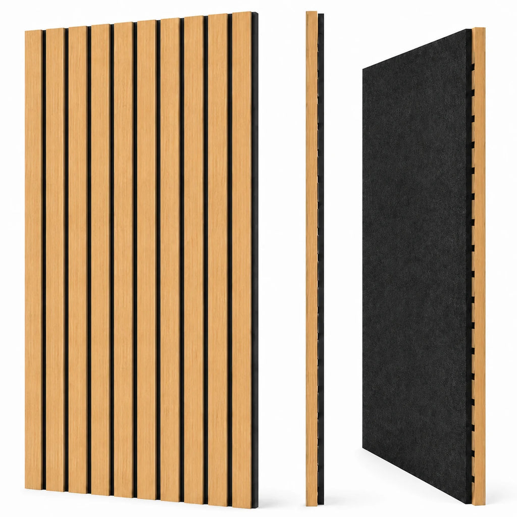 Panneau acoustique Wide finition Chêne naturel, vues de face, profil et dos