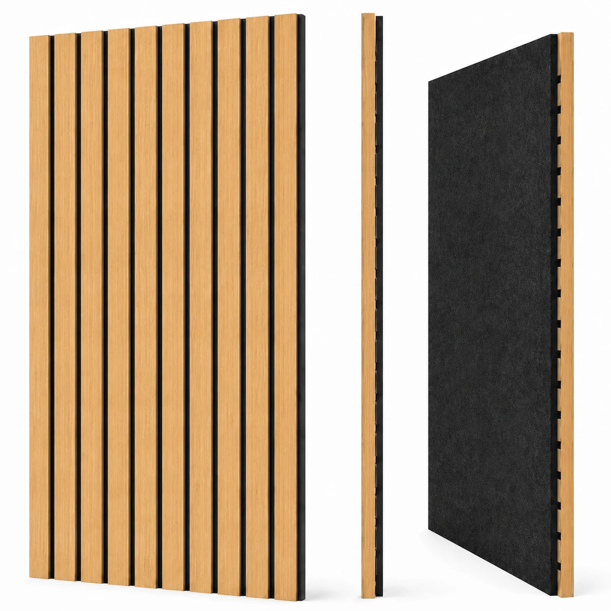 Panneau acoustique Wide finition Chêne naturel, vues de face, profil et dos