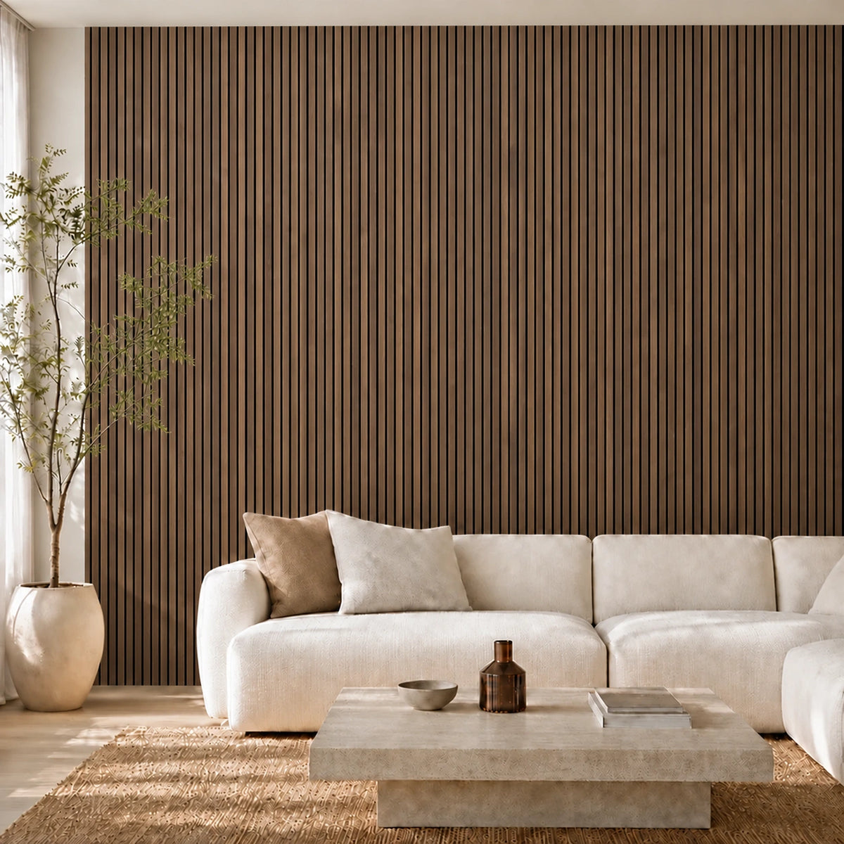 Panneau acoustique PREMIUM à tasseaux rapprochés en noyer, installé sur le mur d’un salon
