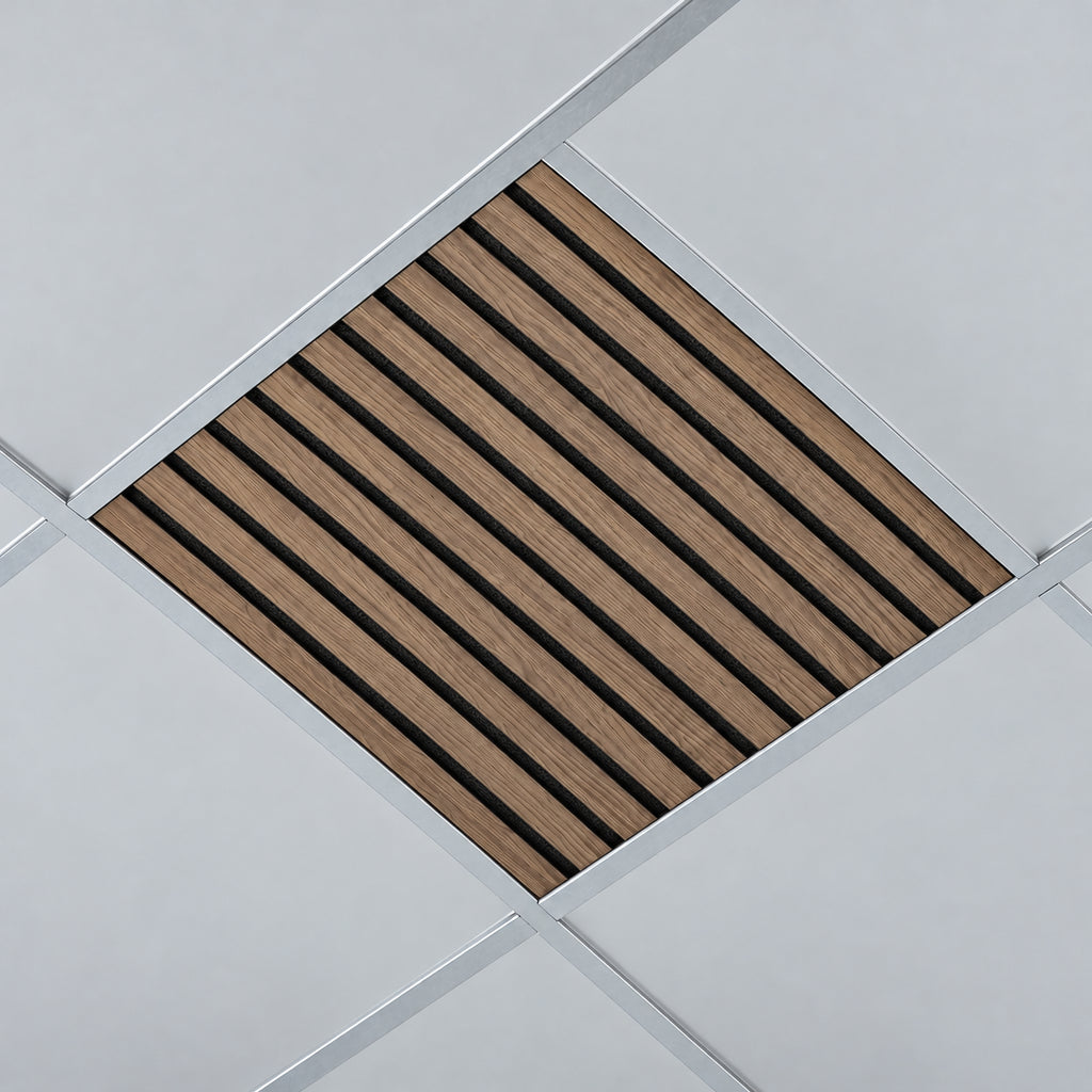 Lamellendeckenplatte, Oberfläche Nussbaum, auf schwarzem WWCB-Träger in einem T24-Raster von 60 × 60 cm