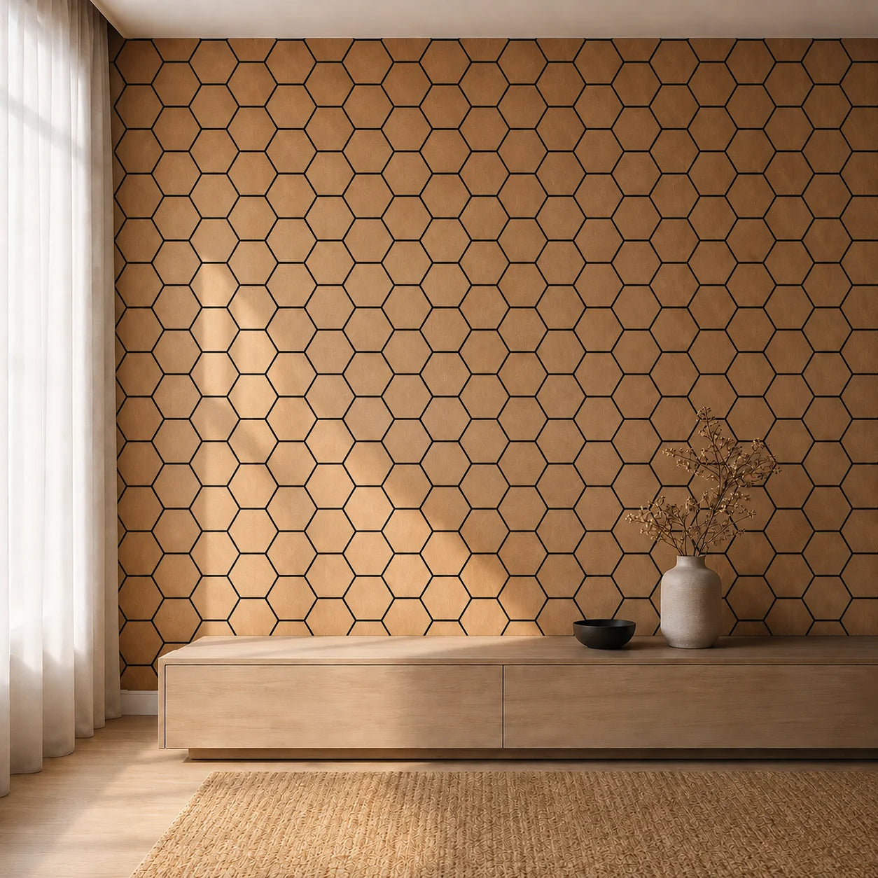 Panneau acoustique mural hexagonal finition chêne naturel dans un salon contemporain