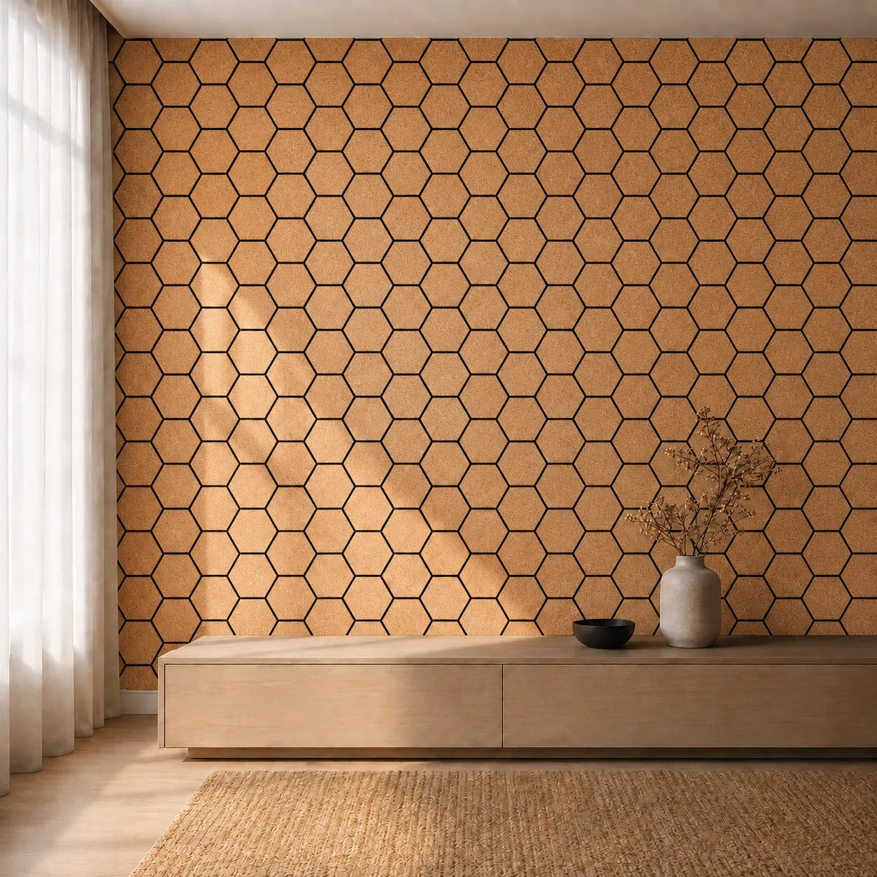 Panneau acoustique mural hexagonal en liège dans un salon contemporain
