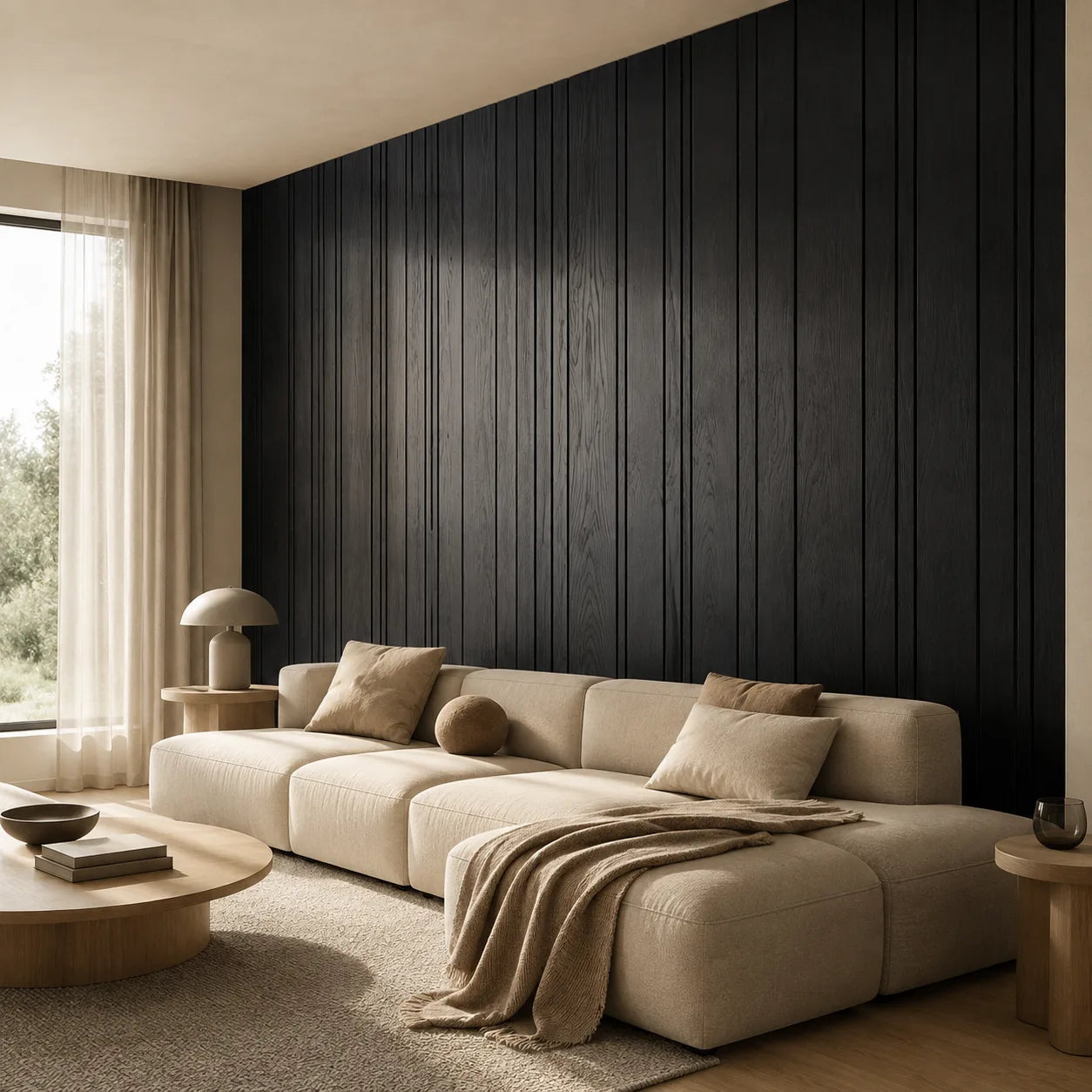 Panneau mural bois à rayures finition frêne noir dans un salon contemporain