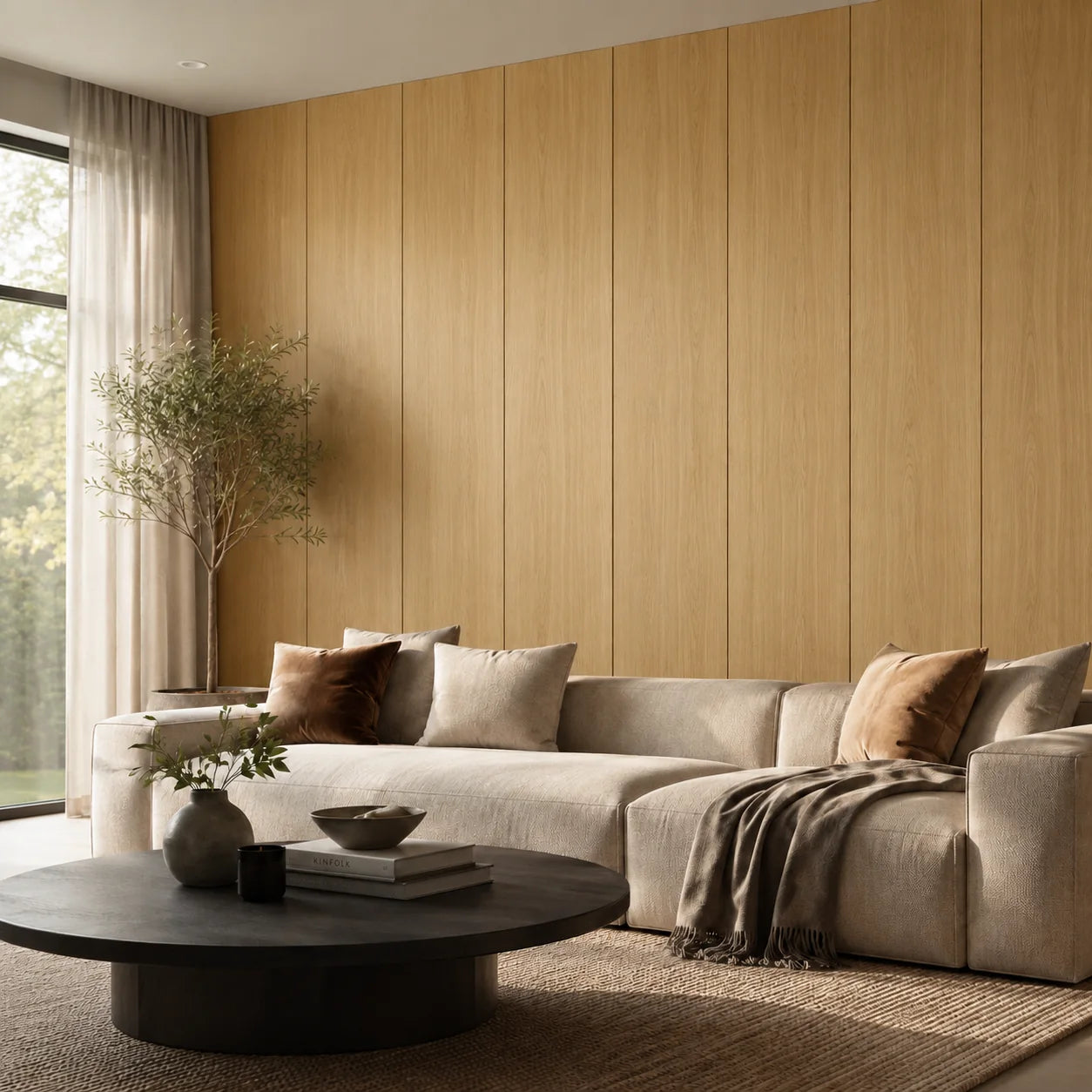 Panneau mural décoratif en bois finition chêne naturel dans un salon contemporain