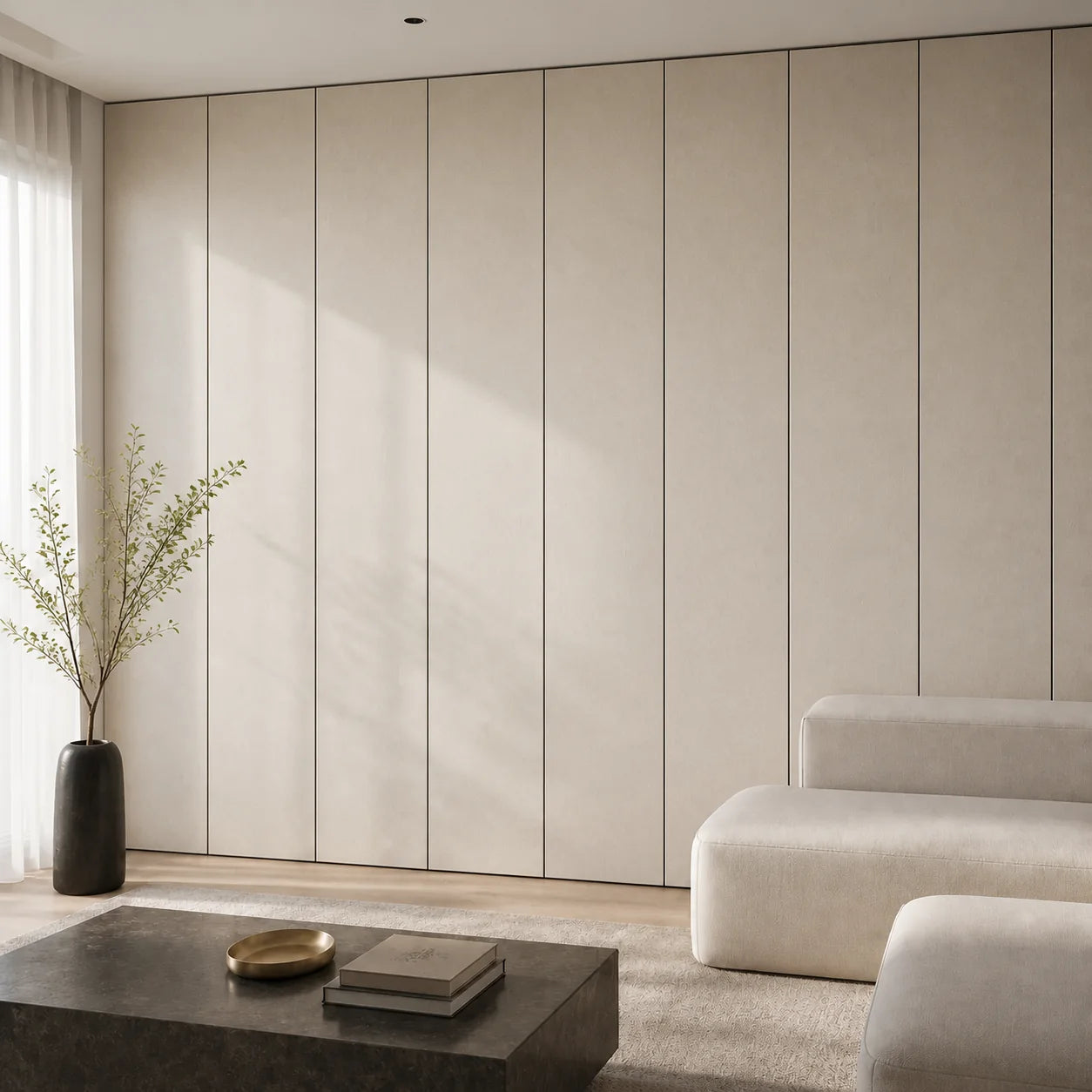 Panneau mural décoratif en tissu beige dans un salon contemporain