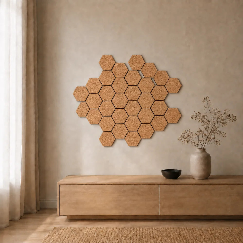 Composition décorative en panneaux acoustiques hexagonaux en liège